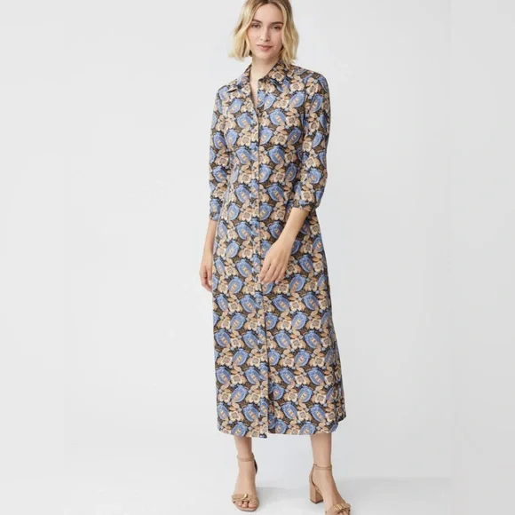 NWT! J. McLaughlin Louisa Dress in Camel/ Blue Pomegranate Grove Midi Dress XS - Picture 2 of 8